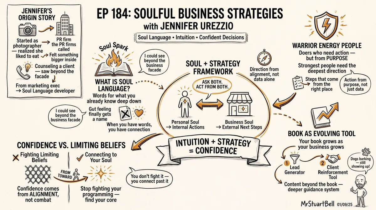 Sketchnote of Episode 184: Soulful Business Strategies with Jennifer Urezzio — key ideas, quotes, and takeaways illustrated in hand-drawn style