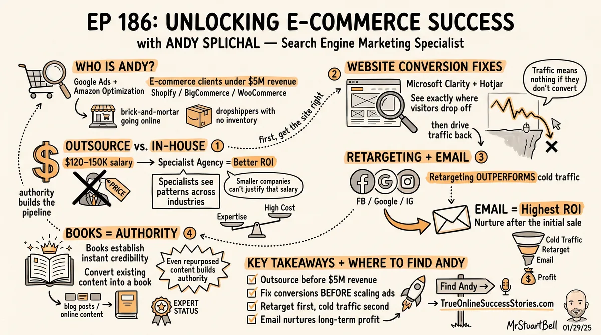 Sketchnote of Episode 186: Unlocking E-Commerce Success with Andy Splichal — key ideas, quotes, and takeaways illustrated in hand-drawn style