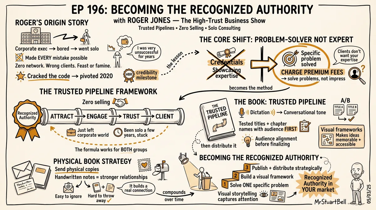 Sketchnote of Episode 196: Becoming the Recognized Authority with Roger Jones — key ideas, quotes, and takeaways illustrated in hand-drawn style